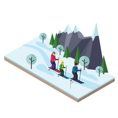 Isometric happy family skiing. Cross country skiing, winter sport. Olimpic games, recreation lifestyle, activity speed extreme