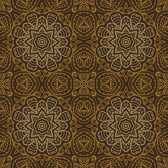 Seamless pattern doodle ornament. Brown background. Ethnic motives. Zentangl