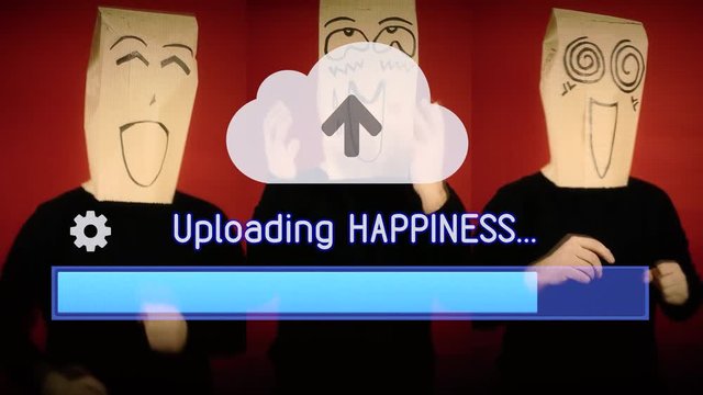 Uploading / downloading Happiness from the cloud. Background: bread bag faces showing emotions, being happy, ecstatic, loving.
