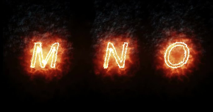 burning font m, n, o, fire word text with flame and smoke on black background, concept of fire heat alphabet decoration text