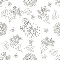 Seamless pattern with spring flowers. Cover, background. Black and white