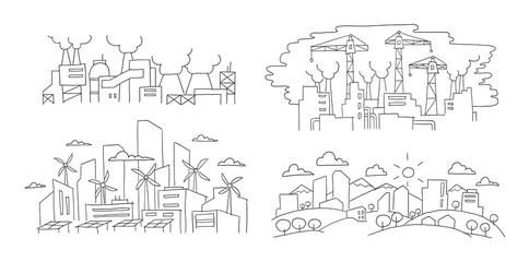 Ecological problems. City and factories. Hand drawn vector illustration. Renewable energy city and pollution environment