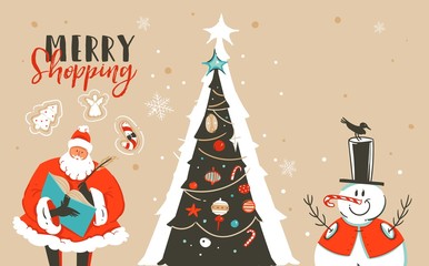 Hand drawn vector abstract fun Merry Christmas time cartoon illustration greeting card with Santa Claus,xmas tree,snowman and Merry Shopping Sale calligraphy isolated on craft background