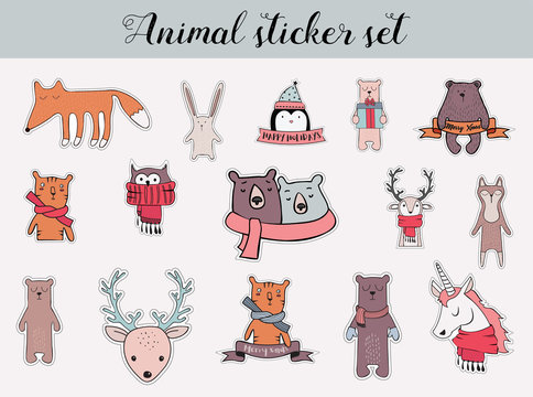 colorful christmas and winter animal sticker set