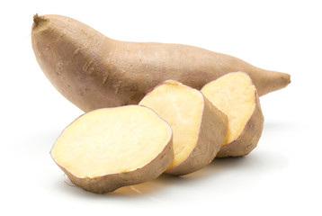 Fototapeta premium One sweet potato and three slices isolated on white background.