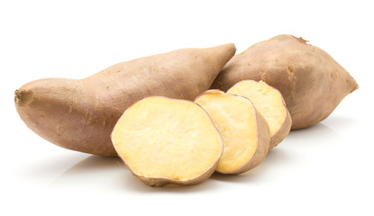 Two sweet potato and three slices isolated on white background.