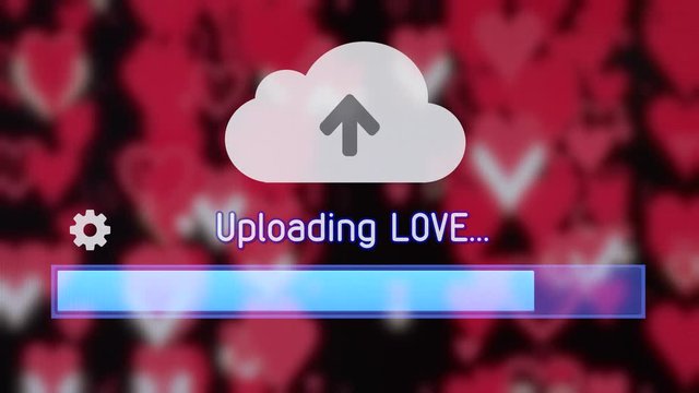 Uploading / downloading Love from the cloud. Background: falling red hearts.
