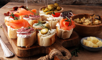 Italian antipasti wine snacks set. Cheese variety, Mediterranean olives, pickles, salami, salmon,...