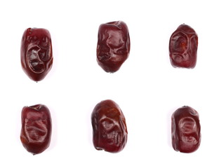 set dry dates isolated on white, sweet fruit, top view