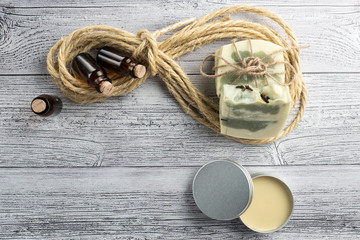 White-green handmade soap on a light background