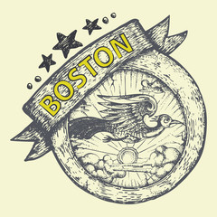 Boston label in grunge hand draw style with text isolated