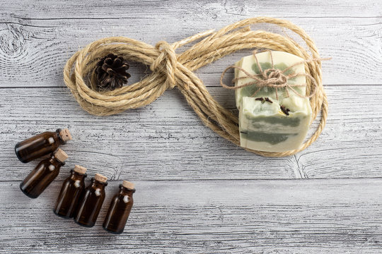 White-green handmade soap on a light background