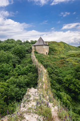 Fototapeta na wymiar Ruined walls on one of the entry gates of Khotyn Fortress in Ukraine