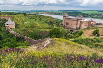 Fototapeta premium Aerial view on a fortification complex Khotyn Fortress in Ukraine