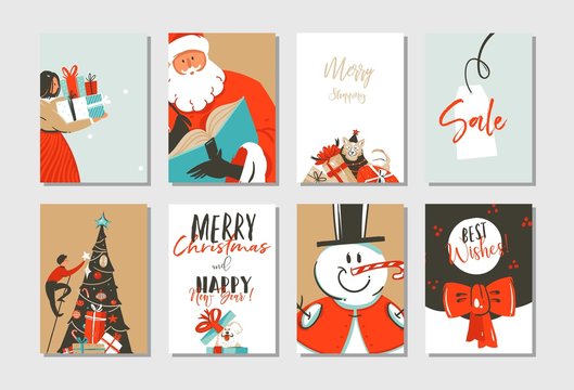 Hand drawn vector abstract Merry Christmas and Happy New Year time cartoon illustration greeting cards template collection set with xmas tree,Santa Claus,snowman and dogs isolated on white background