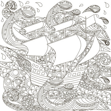 Hand drawn zentangle ship on waves antistres coloring boock stock vector illustration