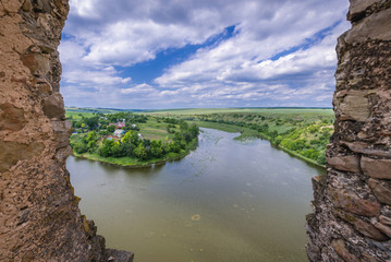 Fototapeta na wymiar Aerial view of Zhvanchyk River, tributary of the Dniester from castle ruins in Zhvanets town, Ukraine