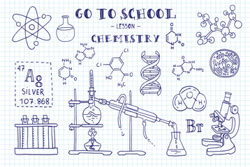 Chemistry. Hand sketches on the theme of Chemistry. Note book page paper. Vector illustration.
