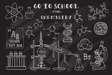 Chemistry. Hand sketches on the theme of Chemistry. Chalkboard. Vector illustration.