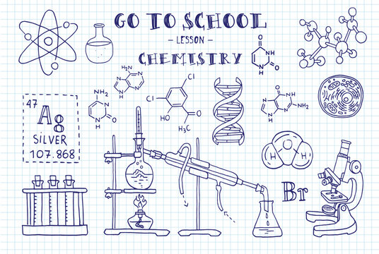 Chemistry. Hand sketches on the theme of Chemistry. Note book page paper. Vector illustration.