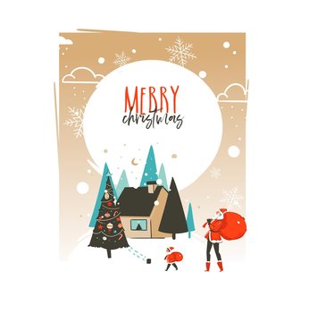 Hand drawn vector abstract Merry Christmas and Happy New Year time cartoon illustrations greeting card template with outdoor landscape,house and Santa Claus family isolated on white background