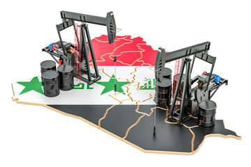 Iraqi map with oil barrels and pumpjacks. Oil production concept. 3D rendering