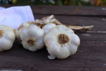 Organic garlic on a wooden table in the background.Rustic style. Top view. Free space for text concept healthy lifestyle.