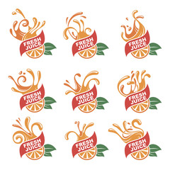 collection of colorful orange fresh juice emblems
