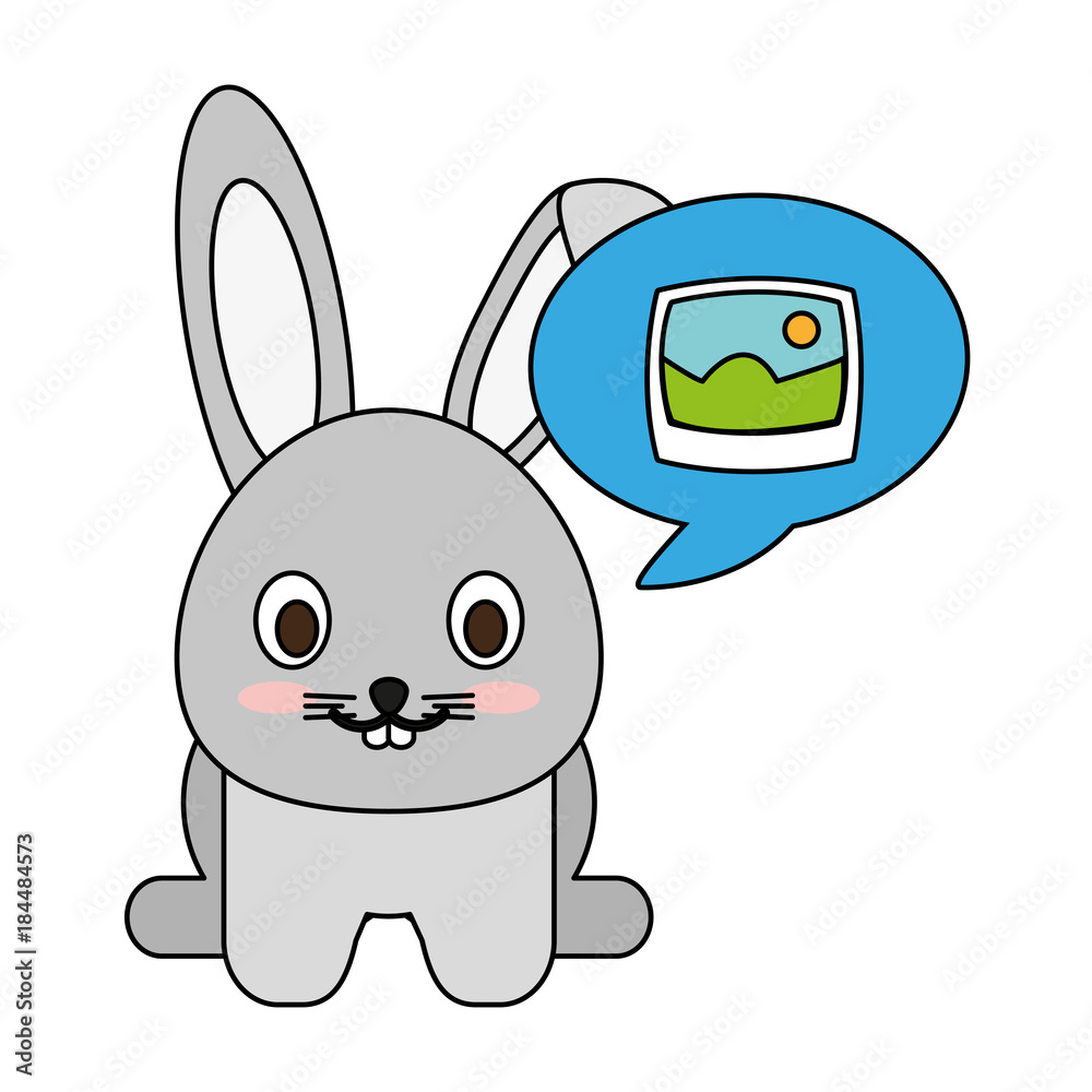 Wall mural cute bunny with picture on speech bubble