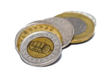 The forint (sign: Ft; code: HUF) is the currency of Hungary. Coins on isolated white background.