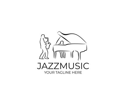 Jazz Music Logo Template. Saxophonist and Pianist Vector Design. Musician Illustration