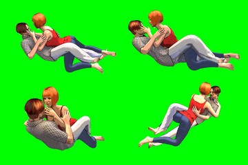 Raccolta di 4 pose di coppia abbracciata, stile fumetto su fondo chroma key