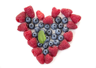 Frame Shape Heart Organic Raspberries Blueberries Green Leaf Mint Isolated White Background Top View