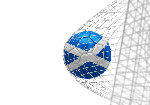Scotland flag soccer ball scores a goal in a net