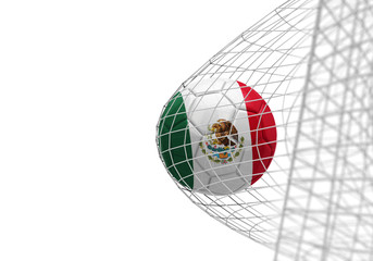 Mexico flag soccer ball scores a goal in a net