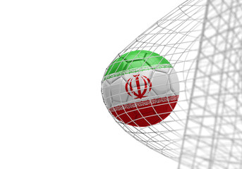 Iran flag soccer ball scores a goal in a net