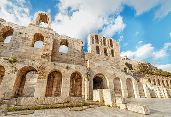 Fototapeta premium Greece, Athens. Facade of ancient greek theater Facade Odeon of Herodus Atticus. Iconic landmark and famous travel destination in Greece.