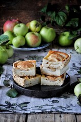 On the stand is a curd cake with apples, in slices. Fresh apples