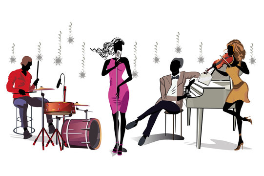  Musicians at the party. Jazz band. Hand drawn vector illustration.