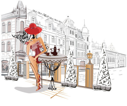 Fashion people in the street cafe in the old city. Hand drawn vector illustration.