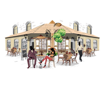 Fashion people in the street cafe in the old city. Hand drawn vector illustration.