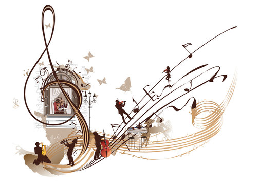 Abstract Treble clef with musicians and notes.