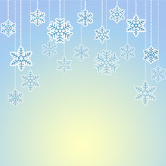 Fototapeta na wymiar Light blue background with paper snowflakes on a string of beads for greeting cards for new year or Christmas