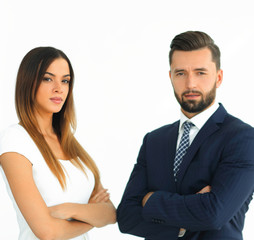 A business man and woman with their hands crossed
