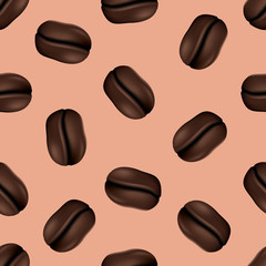 Seamless pattern with coffee beans. Vector illustration. Endless background with realistic coffee seeds.