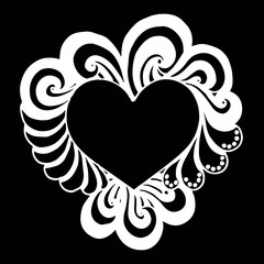 Decorative love frame composition with hearts, flowers, ornate elements in doodle style. Floral, ornate, decorative, tribal design elements. Black and white background. Zentangle coloring book page