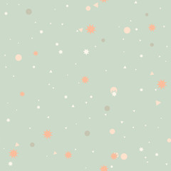 Colorful pastel abstract seamless pattern with pink, gray dots, circles, white triangles, orange stars on mint green backdrop. Infinity geometrical background. Vector illustration. 