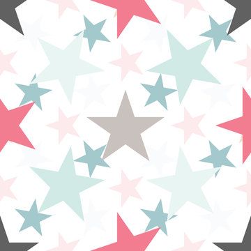 Cute colorful star seamless pattern on white. Funny festive background, wrapping paper. Vector illustration. 