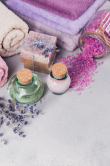 Obraz na płótnie Canvas Natural cosmetic oil, cream and natural handmade soap with lavender