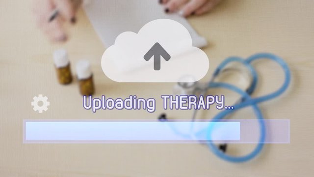 Uploading / downloading Therapy from the cloud. Background: a doctor, a stethoscope, writing on paper, prescription drugs.
